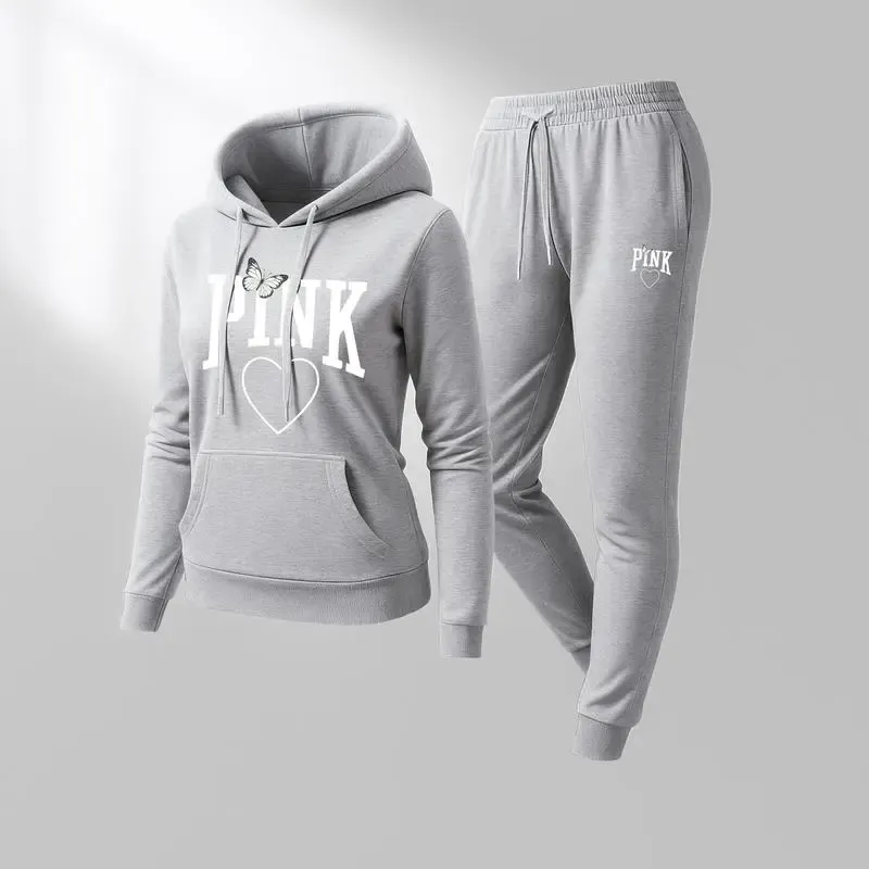 🔥Popular This Week🔥Women's Pink Heart Print Hair And Sunglasses Hoodie And Drawstring Track Pants Set