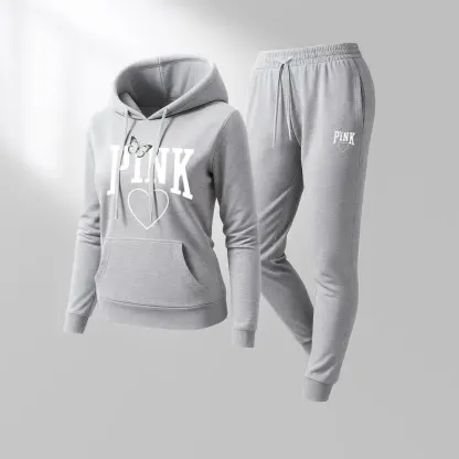 🔥Popular This Week🔥Women's Pink Heart Print Hair And Sunglasses Hoodie And Drawstring Track Pants Set