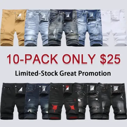 Men's Ripped Denim Shorts, Stretch, Distressed Street Style
