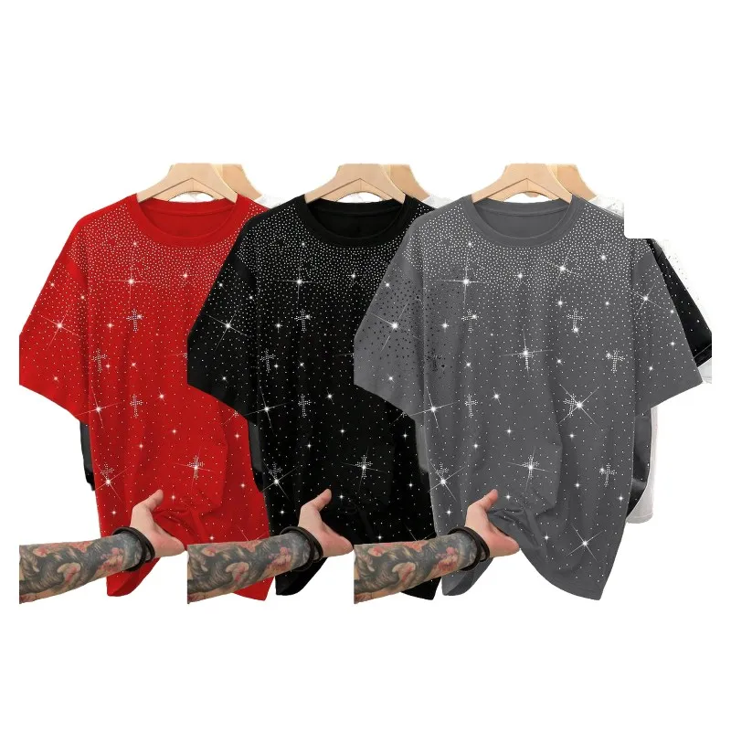 Unisex Rhinestone Cross Pattern T-Shirt