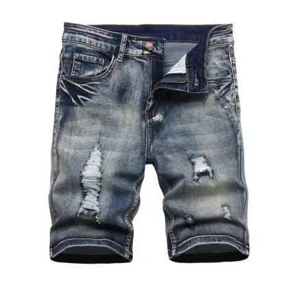 Men's Ripped Denim Shorts, Stretch, Distressed Street Style