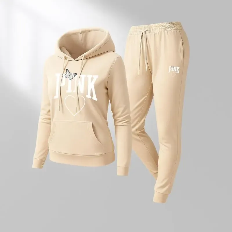 🔥Popular This Week🔥Women's Pink Heart Print Hair And Sunglasses Hoodie And Drawstring Track Pants Set