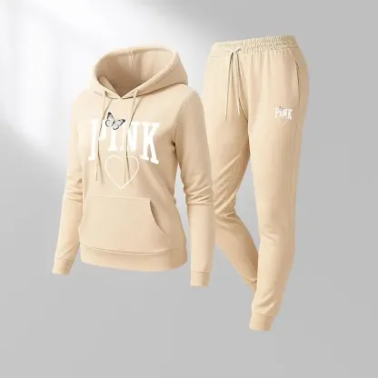 🔥Popular This Week🔥Women's Pink Heart Print Hair And Sunglasses Hoodie And Drawstring Track Pants Set