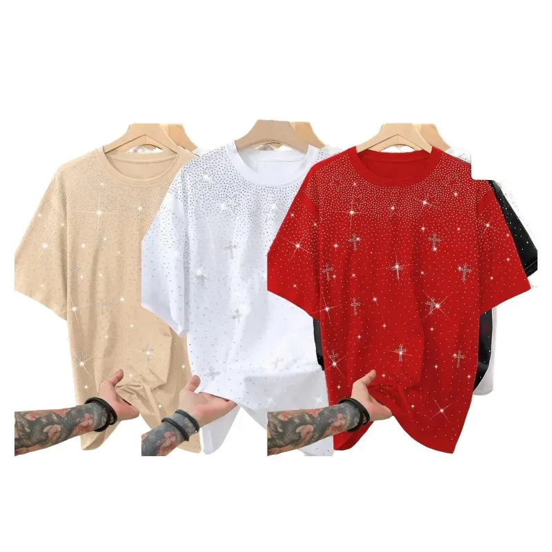Unisex Rhinestone Cross Pattern T-Shirt