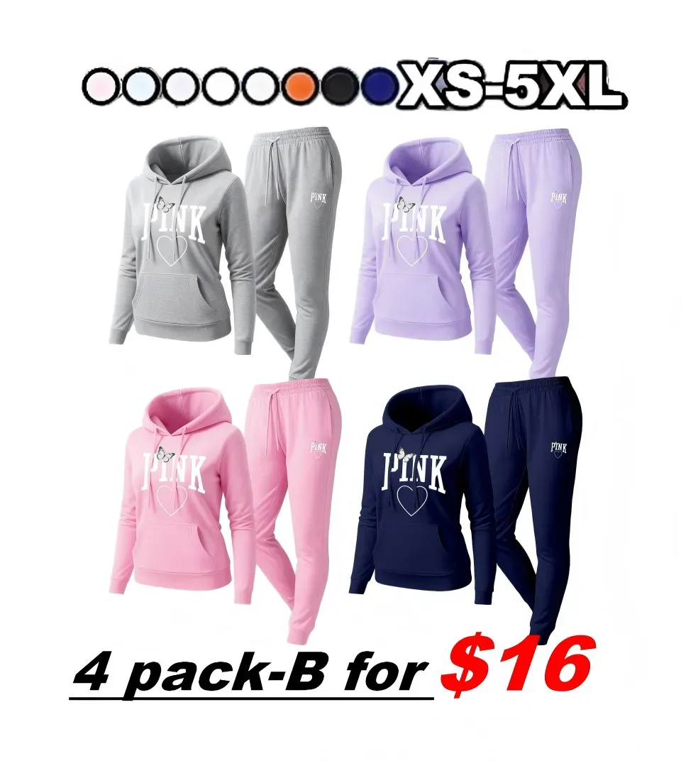 🔥Popular This Week🔥Women's Pink Heart Print Hair And Sunglasses Hoodie And Drawstring Track Pants Set