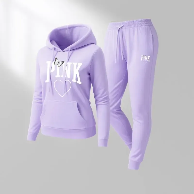 🔥Popular This Week🔥Women's Pink Heart Print Hair And Sunglasses Hoodie And Drawstring Track Pants Set