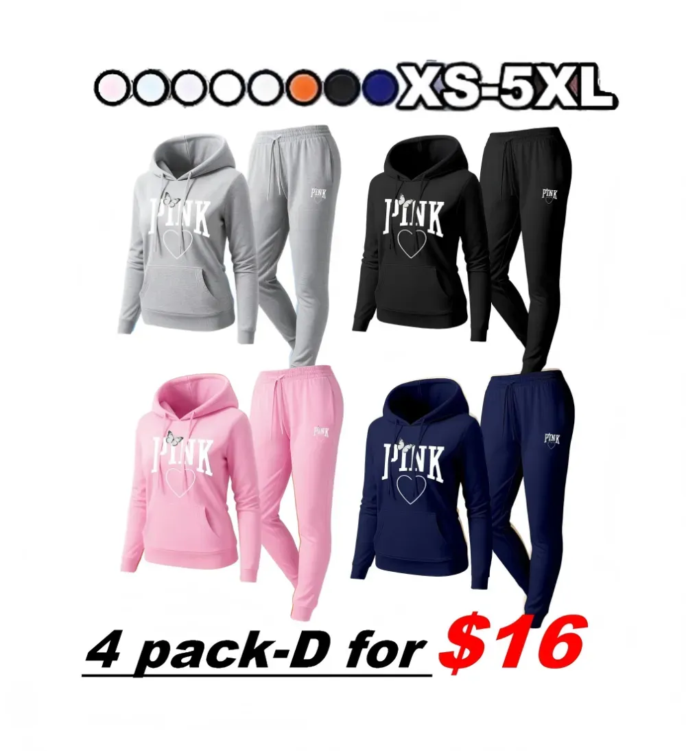 🔥Popular This Week🔥Women's Pink Heart Print Hair And Sunglasses Hoodie And Drawstring Track Pants Set