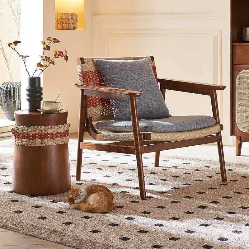 Grey Ash Wood Woven Back Arm Chair