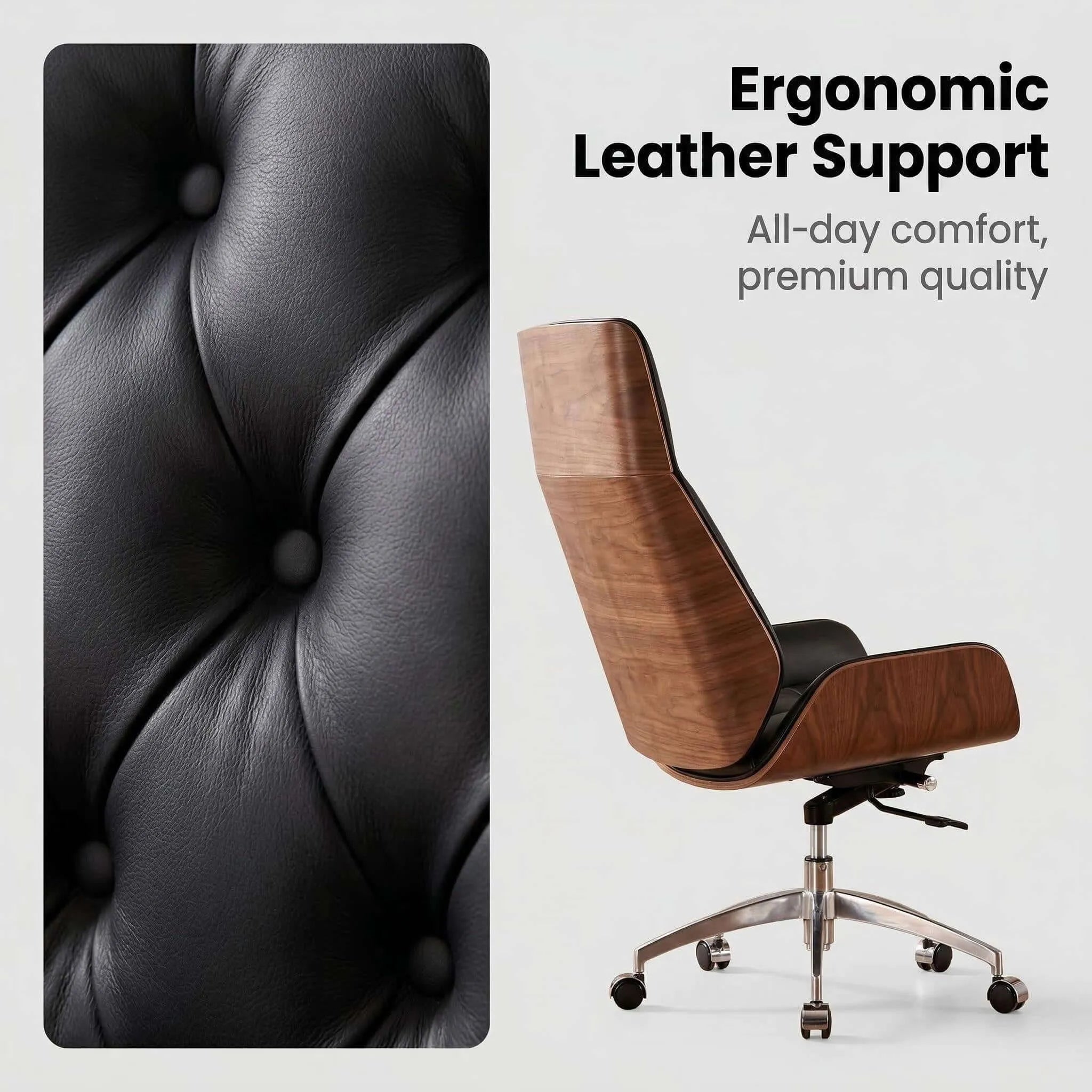 Executive Office Chair – Genuine Leather with Walnut Trim