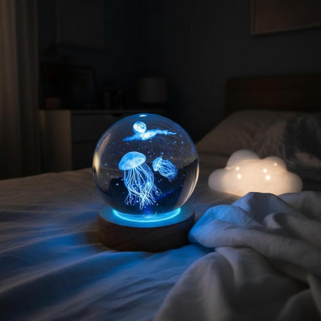 3D Crystal Ball Jellyfish Lamp, LED Night Light on Wooden Base, Laser Engraved Medusa Sphere, Aesthetic Ambient Home Decor Gift - Etsy
