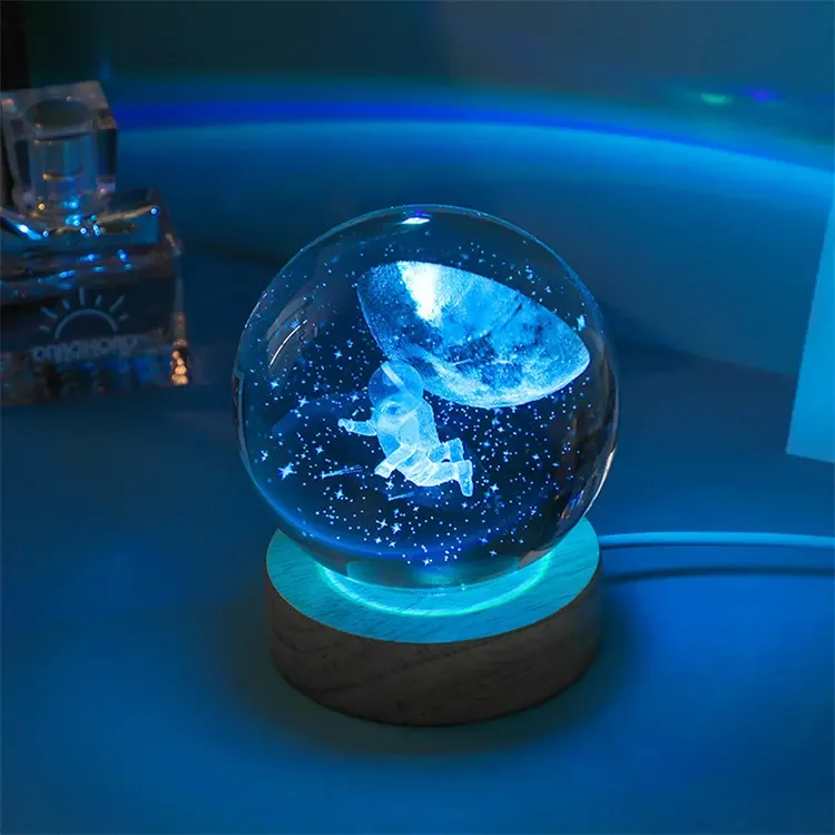 RGB 3D Crystal Ball LED Night Light with Wooden Base
