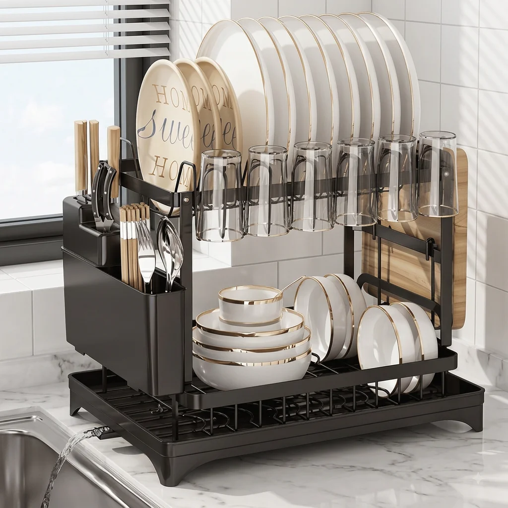 2-Tier Dish Drying Rack with Drain Tray & Utensil Holder