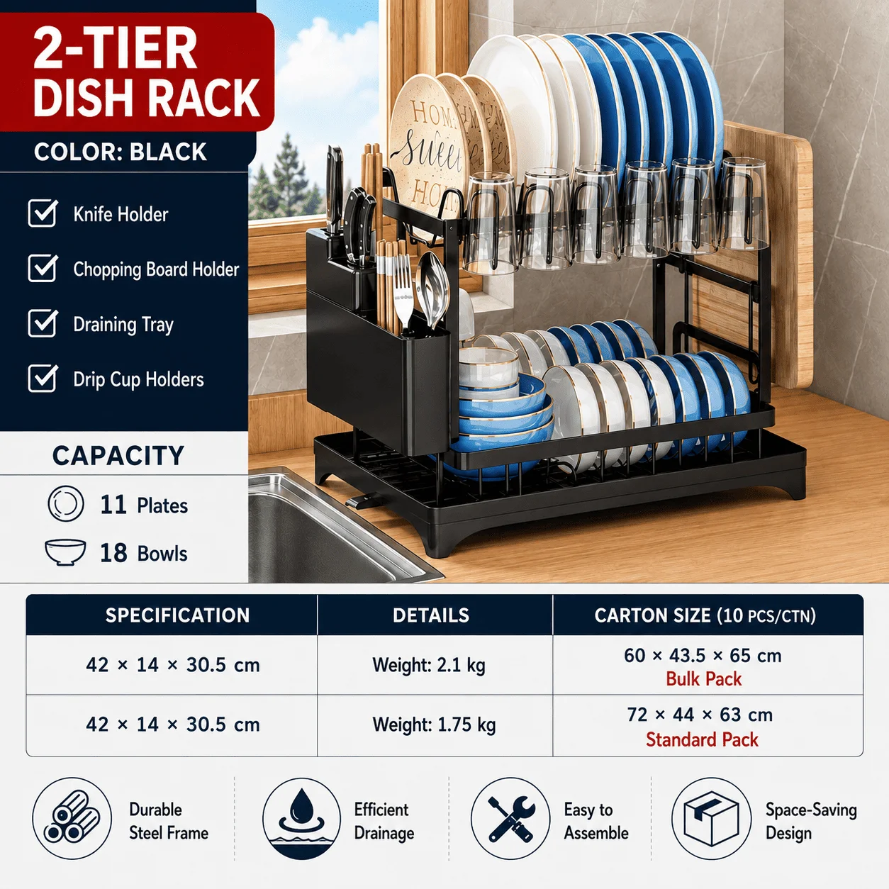 2-Tier Dish Drying Rack with Drain Tray & Utensil Holder