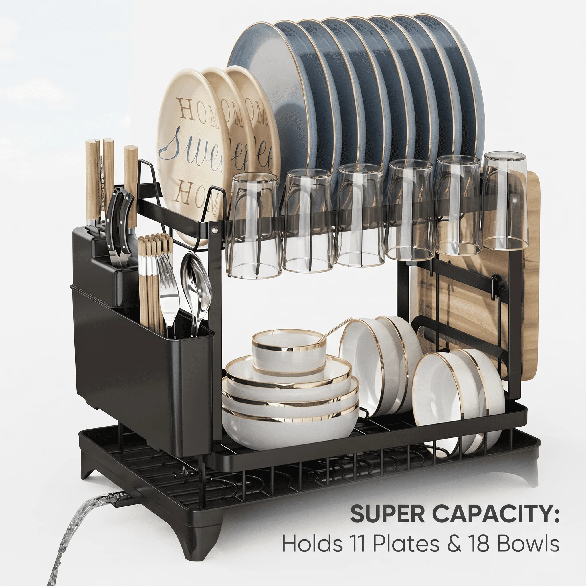2-Tier Dish Drying Rack with Drain Tray & Utensil Holder