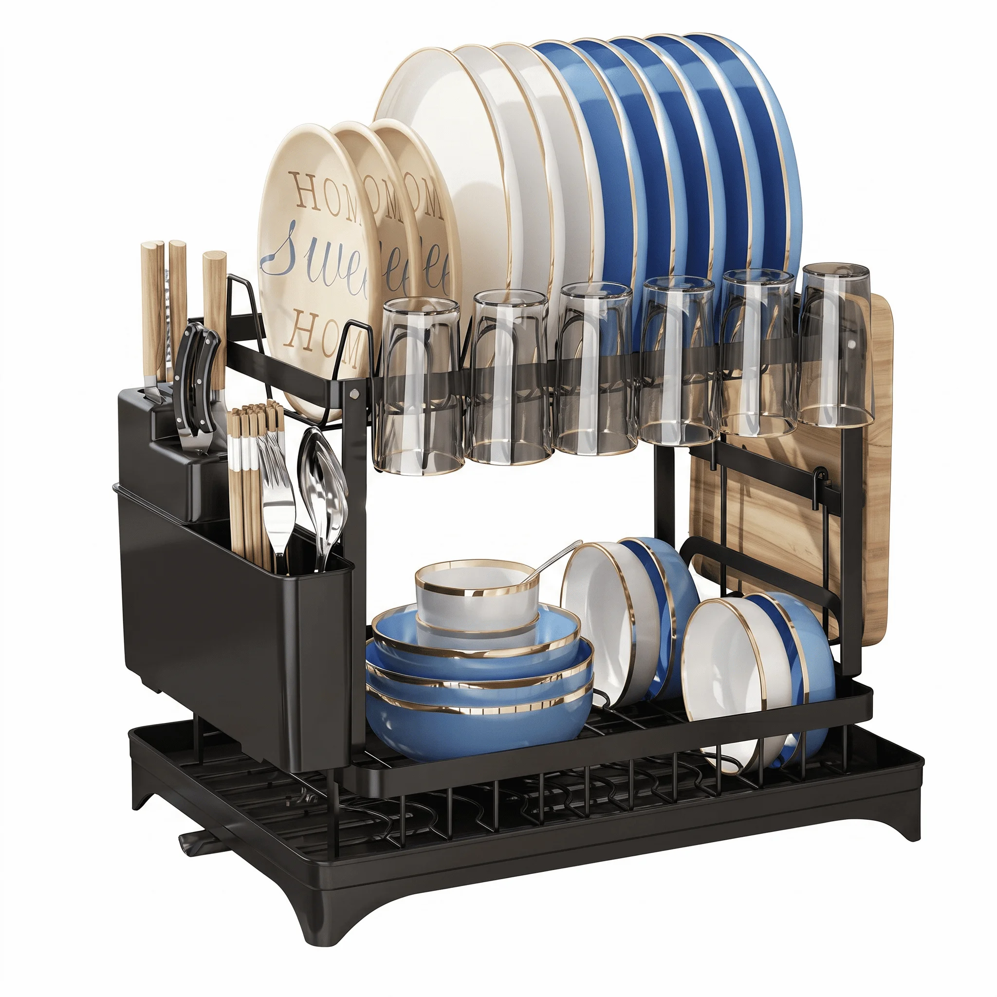 2-Tier Dish Drying Rack with Drain Tray & Utensil Holder