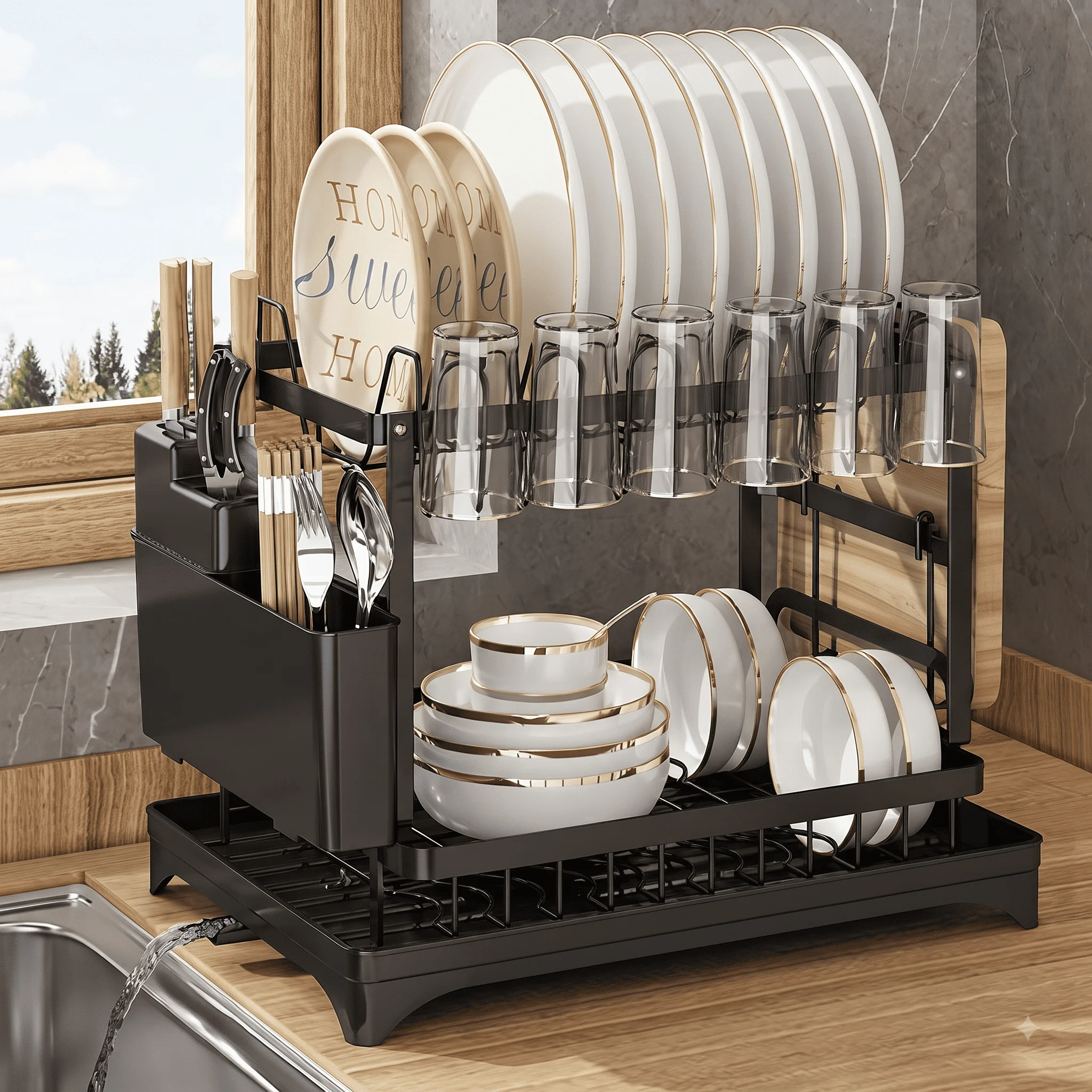 2-Tier Dish Drying Rack with Drain Tray & Utensil Holder
