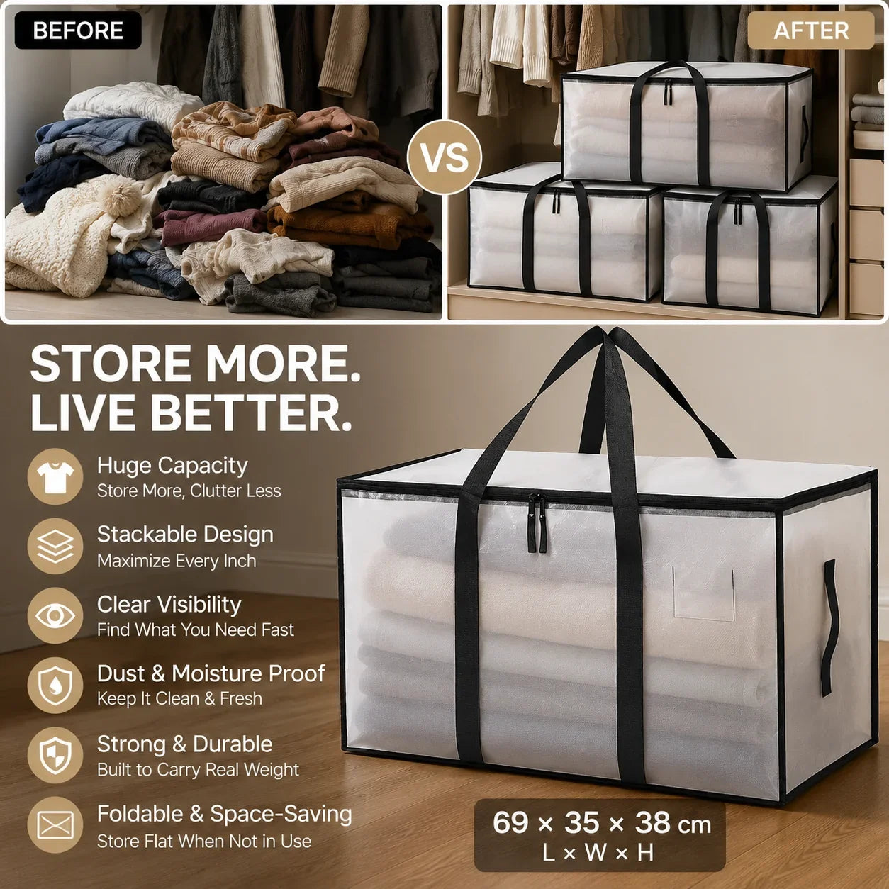 📦 Large, extra-strong, transparent storage bag made from thick plastic, ideal for clothes, moving house and storage