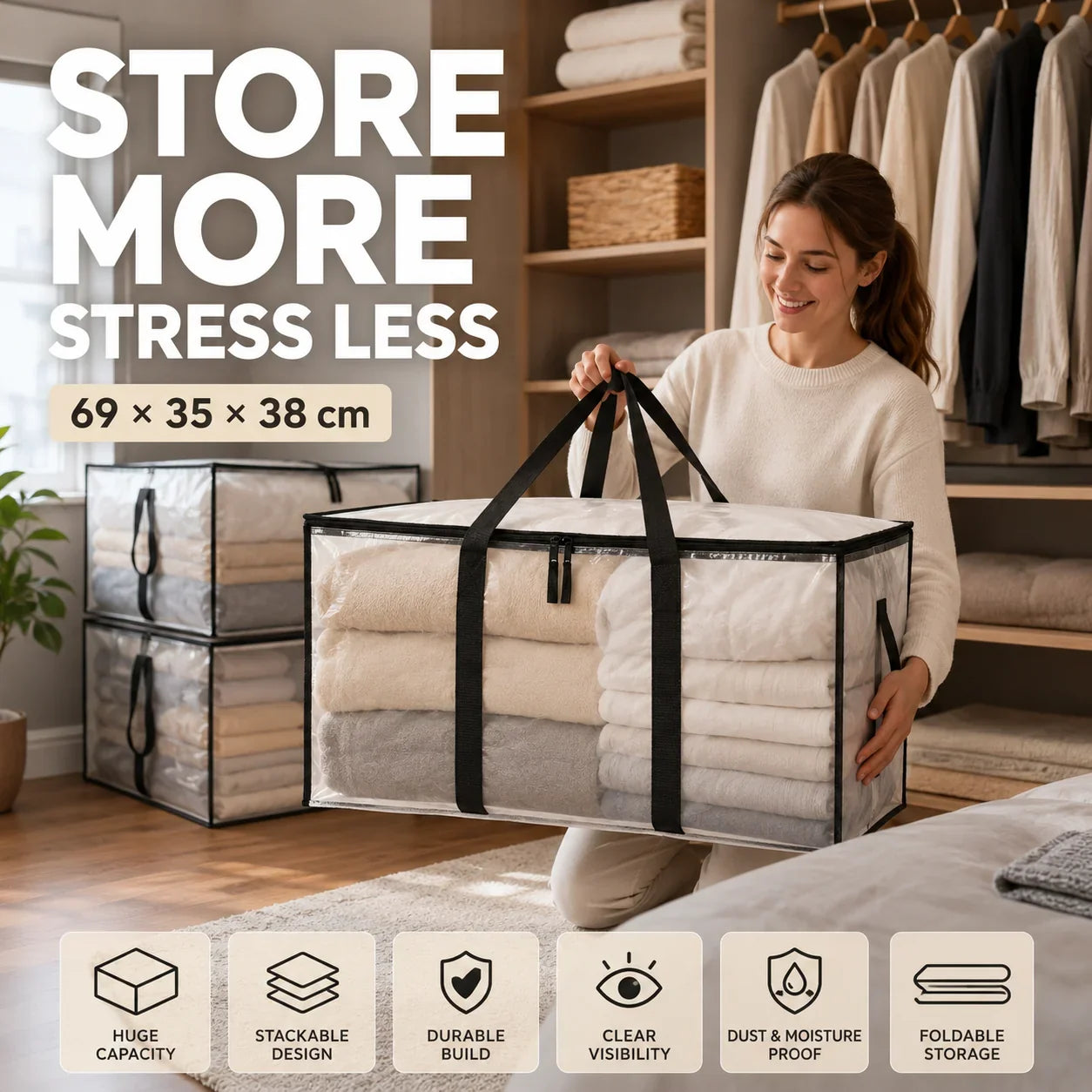 📦 Large, extra-strong, transparent storage bag made from thick plastic, ideal for clothes, moving house and storage