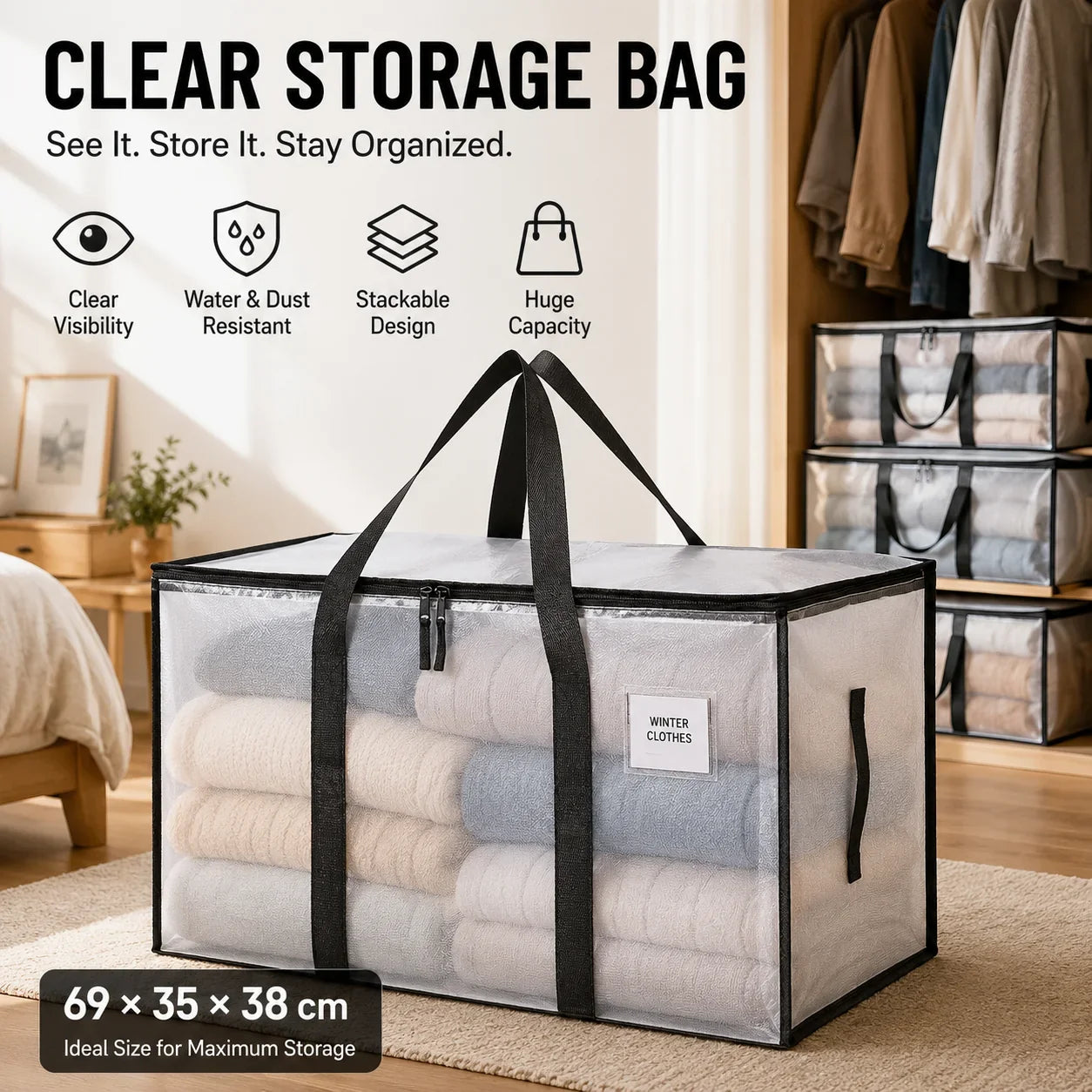📦 Large, extra-strong, transparent storage bag made from thick plastic, ideal for clothes, moving house and storage