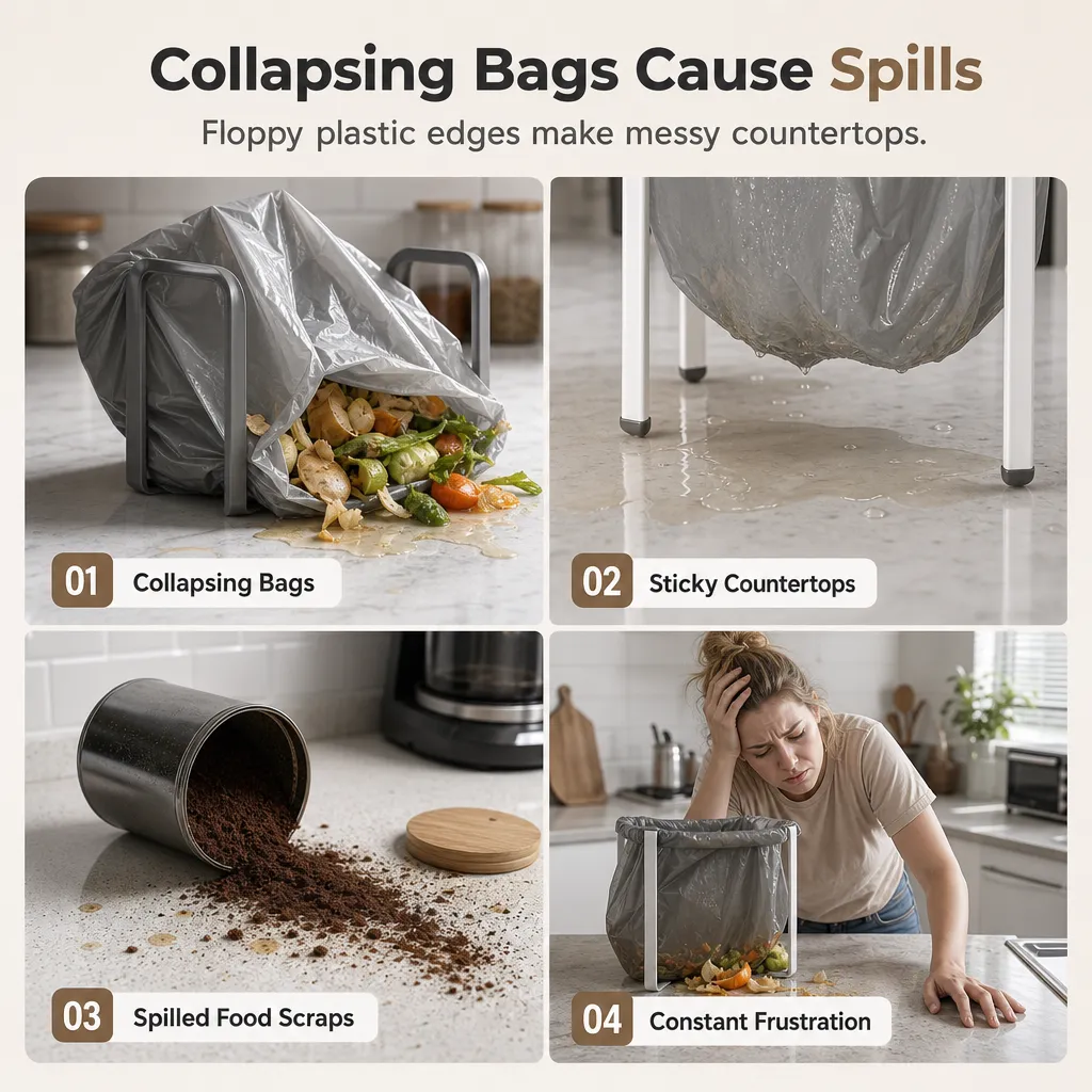 Foldable Stainless Steel Trash Bag Holder for Kitchen & Desktop