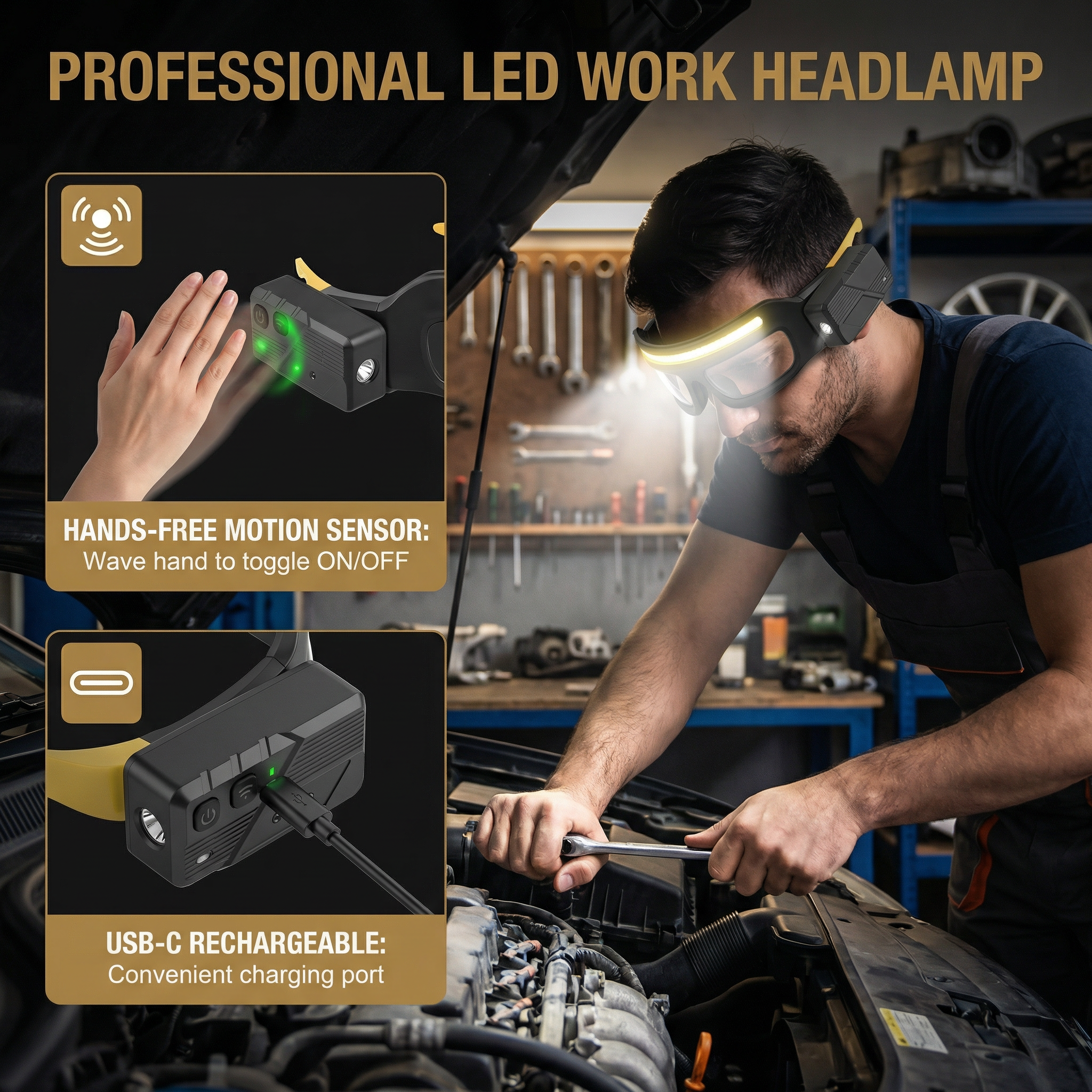 Rechargeable LED Headlamp with Motion Sensor – USB-C Work Light for Professionals