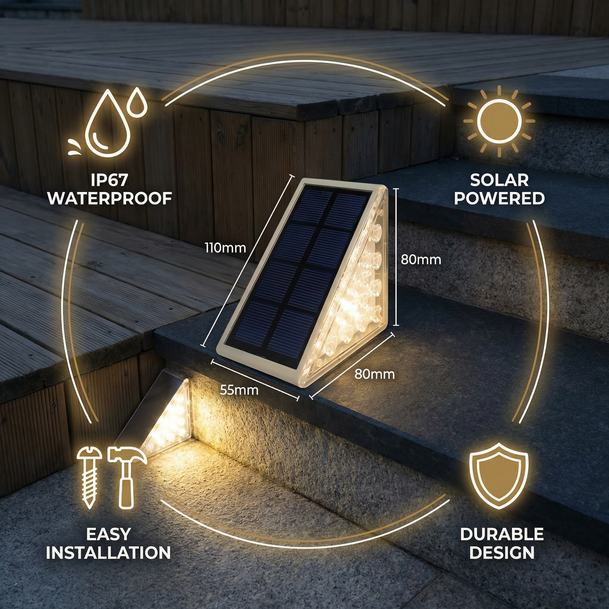 Solar LED Step Lights – IP67 Waterproof Stair & Pathway Lighting