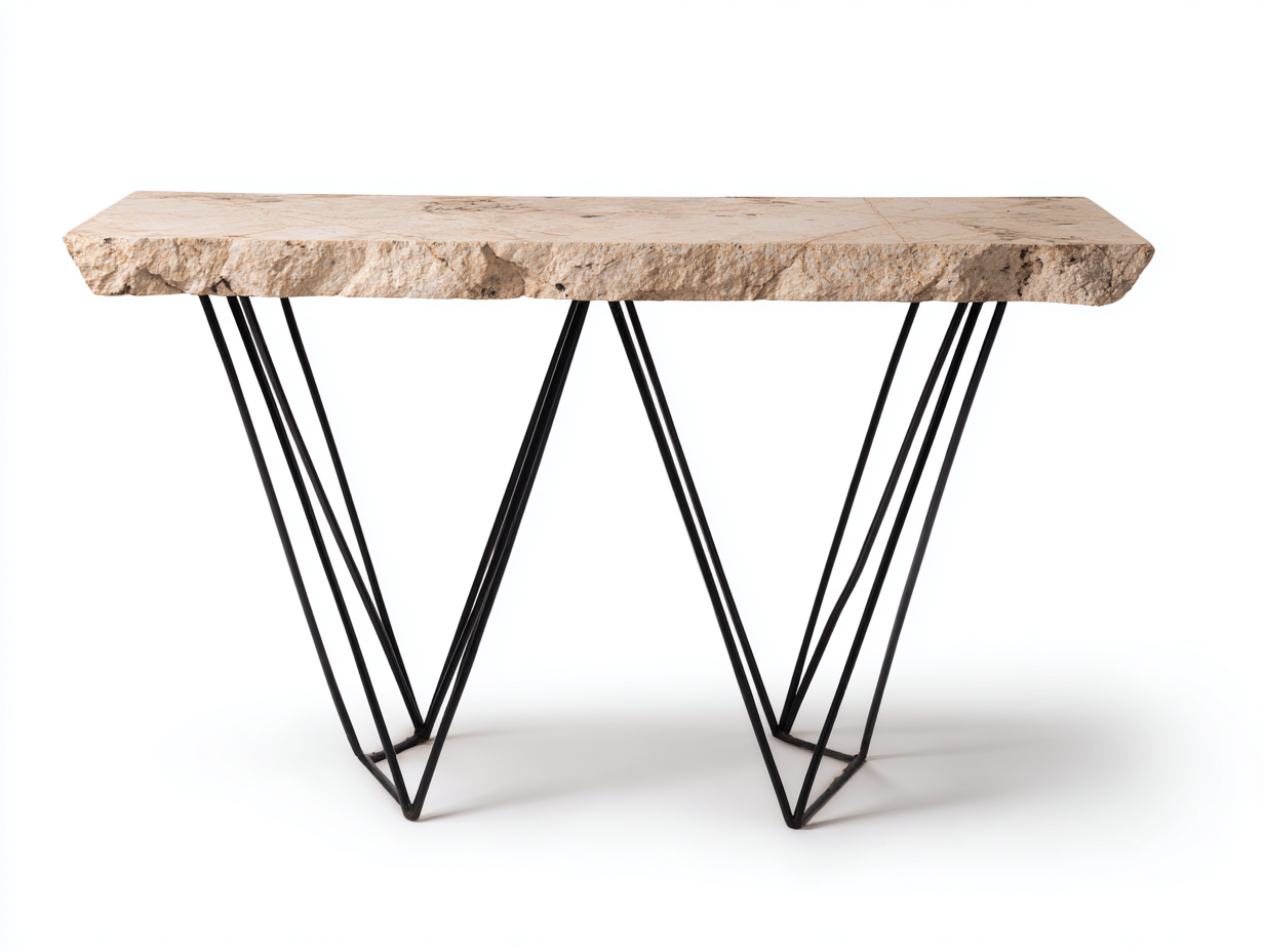 Estante consola 135×36×79 cm – piedra beige/negro – borde natural y base metálica para sala de estar-Zamonlyinterior