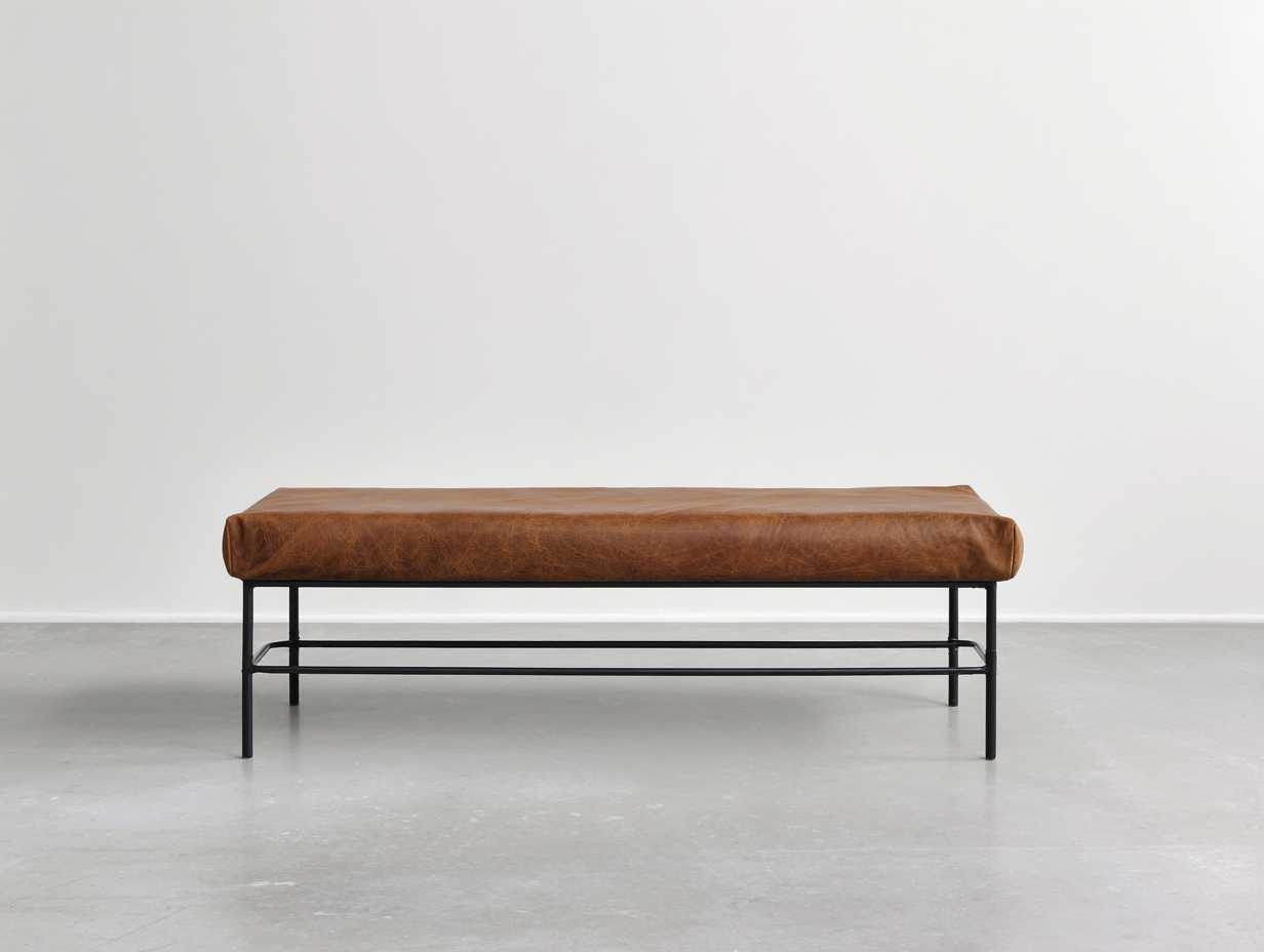 Banco tapizado en piel sintética 150×45×48 cm – marrón coñac/negro – estructura metálica para dormitorio-Zamonlyinterior