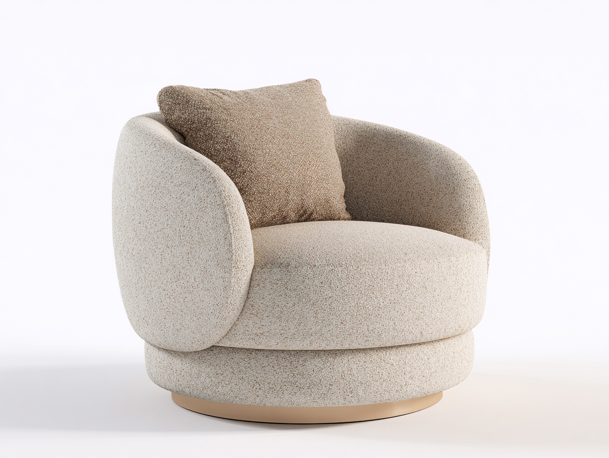 Sillón tapizado bouclé 88×84×78 cm - beige crema/dorado - giratorio envolvente-Zamonlyinterior