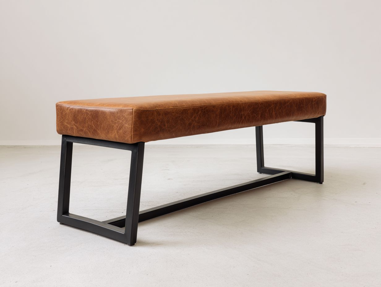Banco tapizado efecto cuero 140×40×48 cm - marrón/negro - estructura metálica industrial-Zamonlyinterior