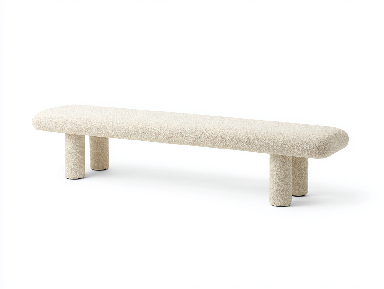 Banco largo tapizado efecto bouclé 165×43×46 cm - marfil - base cilíndrica para dormitorio-Zamonlyinterior