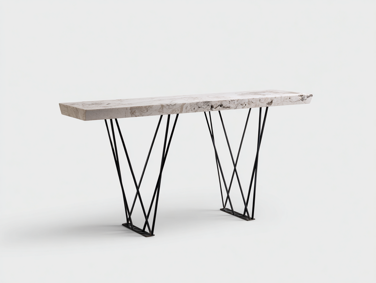 Estante consola de piedra y metal 130×35×78 cm - beige/negro - base geométrica-Zamonlyinterior