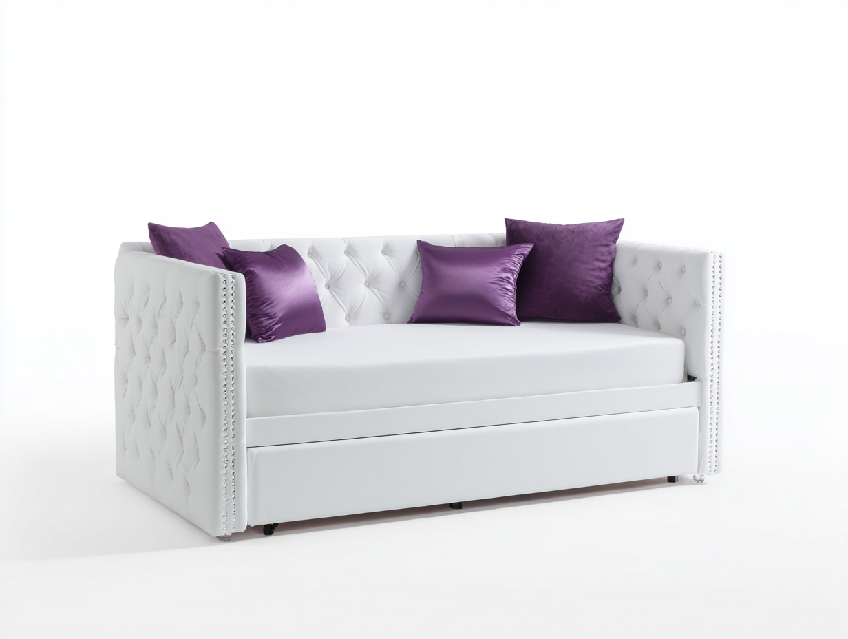 Sofá cama nido tapizado capitoné 213×103×91 cm - blanco - cama inferior extraíble para dormitorio-Zamonlyinterior