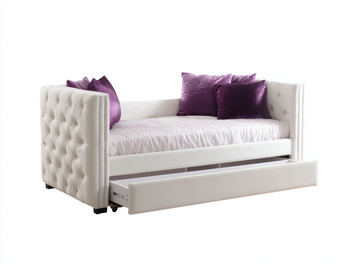 Sofá cama de tejido tapizado 210×100×92 cm – blanco marfil – capitoné con remates metálicos y base extraíble para dormitorio-Zamonlyinterior