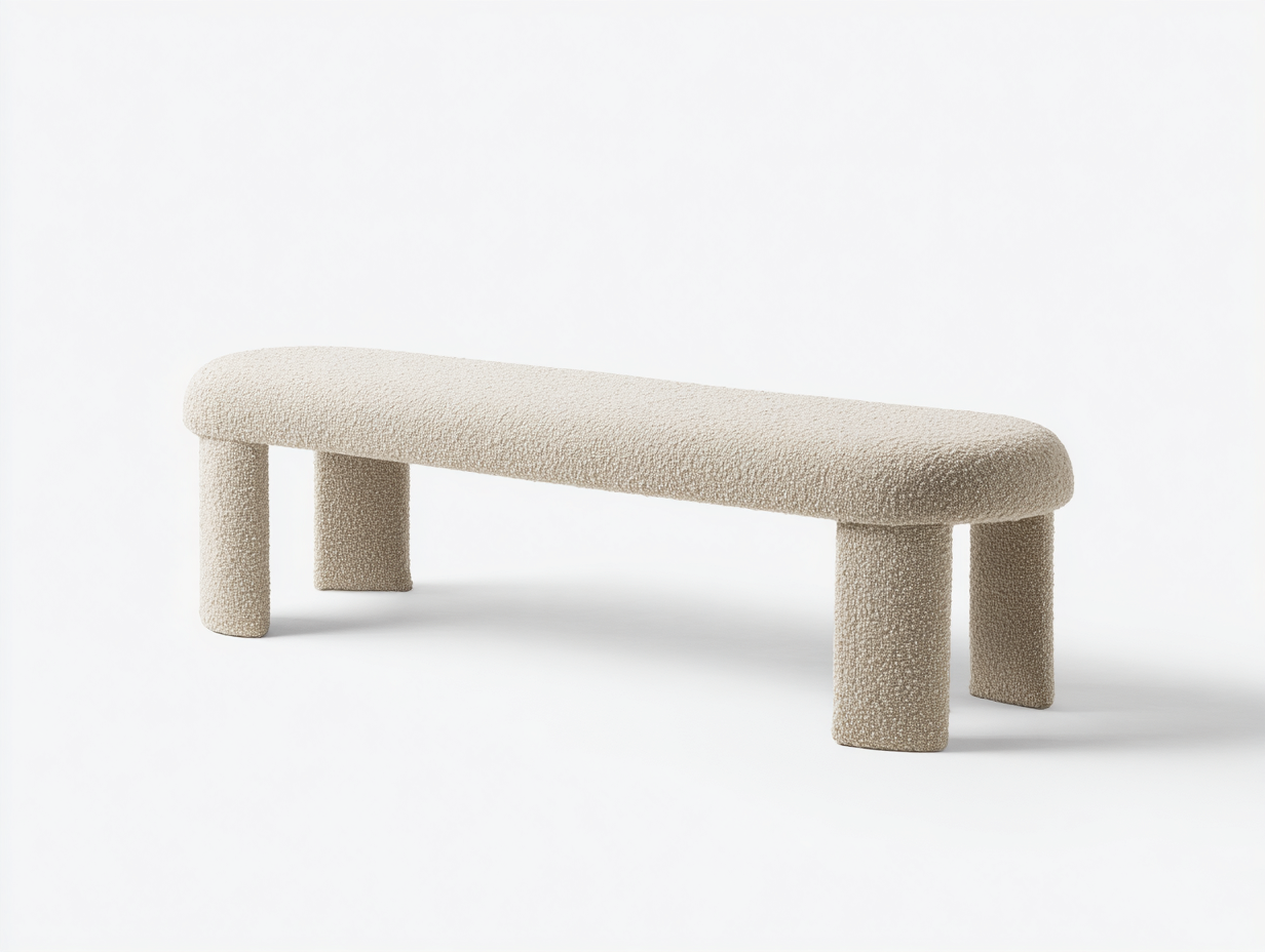 Banco tapizado bouclé 150×42×45 cm - beige crema - diseño redondeado para dormitorio-Zamonlyinterior