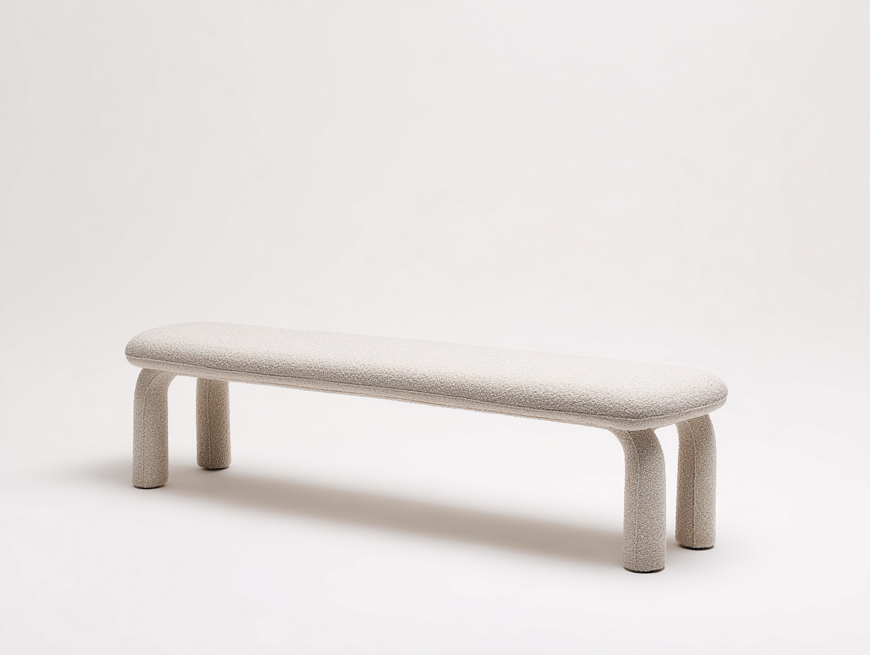 Banco estrecho tapizado efecto bouclé 155×40×44 cm - marfil - líneas redondeadas para dormitorio-Zamonlyinterior