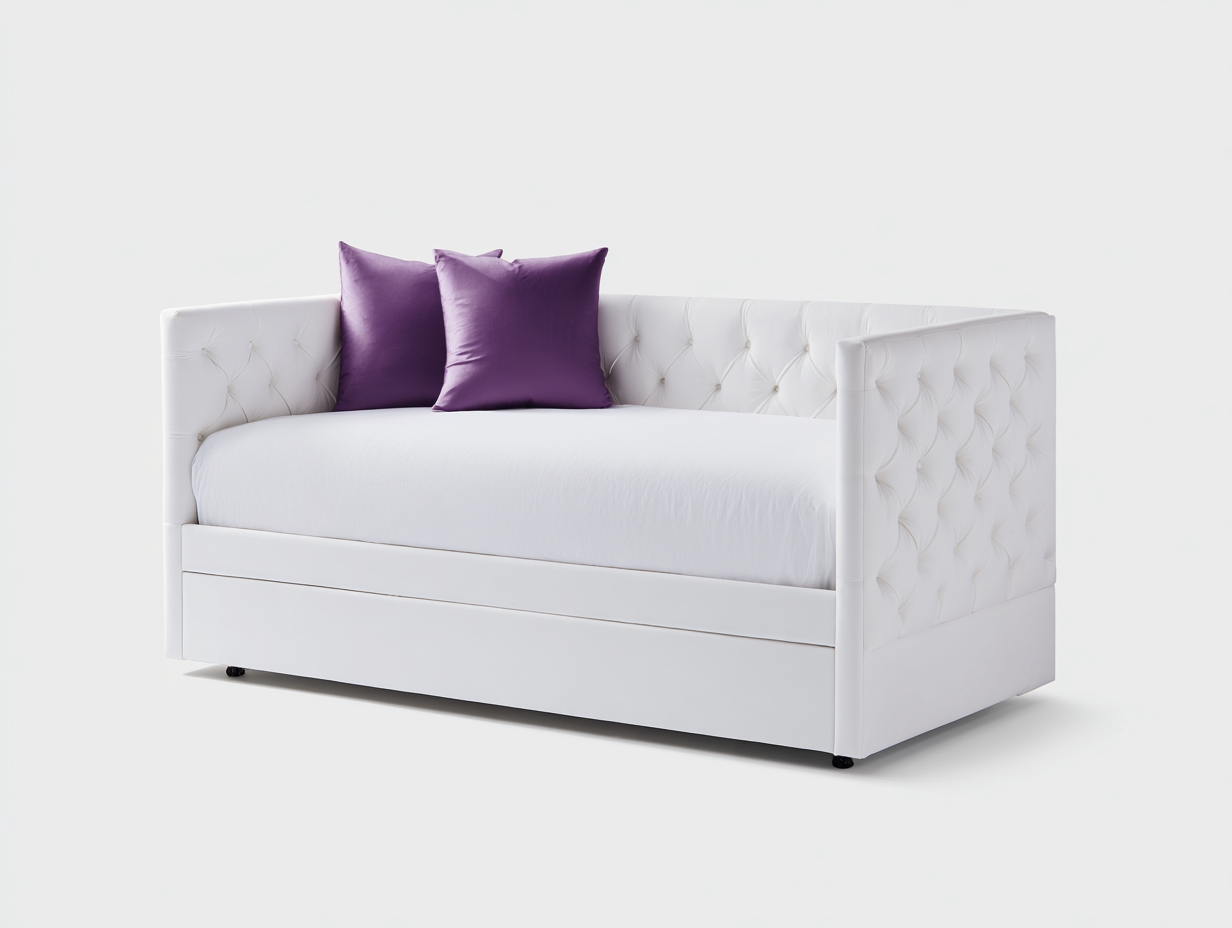 Sofá cama nido tapizado capitoné 208×101×88 cm - blanco - diseño envolvente con cama extraíble para dormitorio-Zamonlyinterior