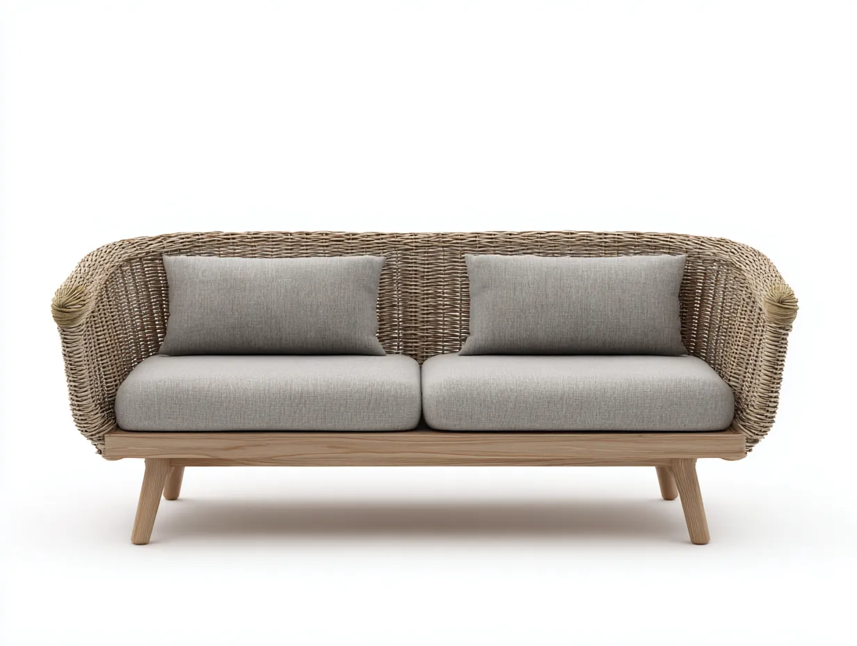 Sofa 250×95×90 cm – Beige/Holzfarben – modernes Wohnzimmer Sofa mit Naturgeflecht-Sotatahaus