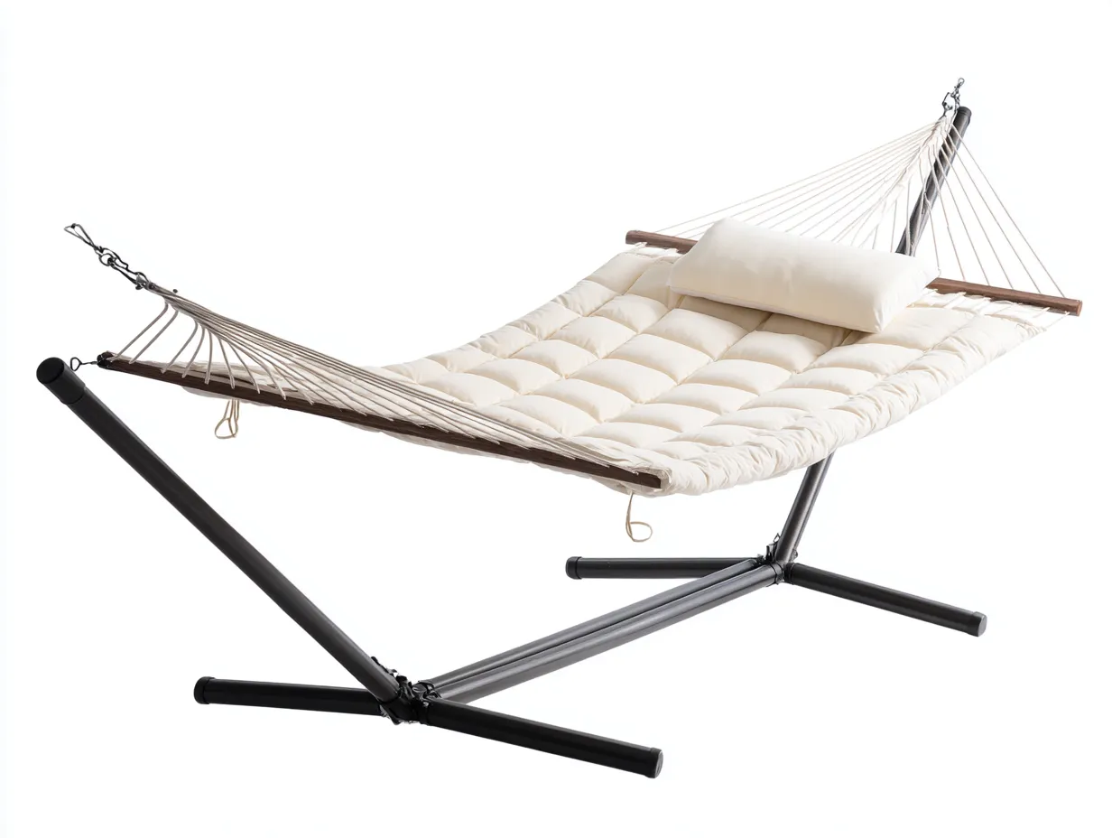 Hängematte 280×120×110 cm – Cremefarben/Schwarz – mit Metallgestell für den Außenbereich-Sotatahaus