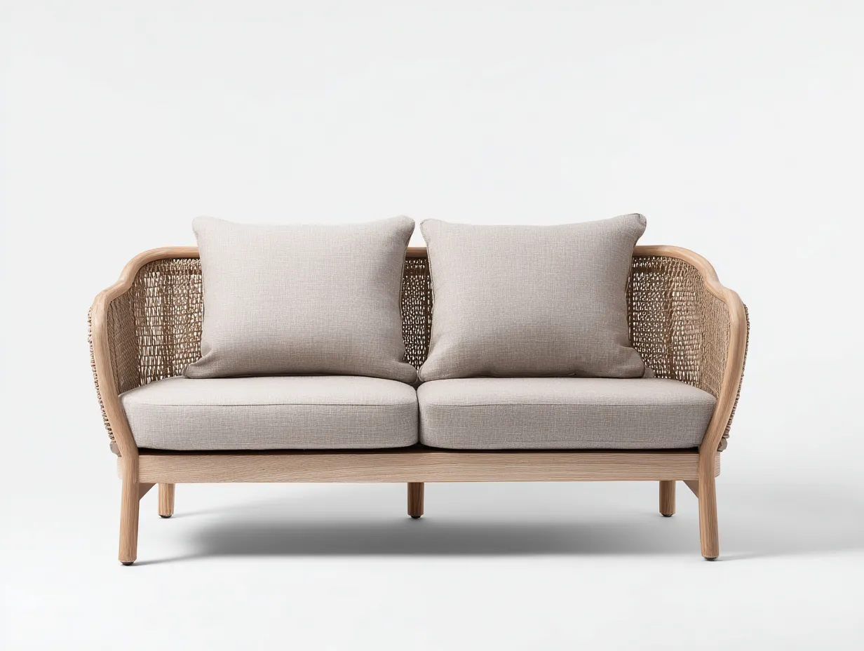 Sofa 240×90×85 cm – Hellgrau/Holzfarben – skandinavischer Wohnzimmersitz mit Flechtrücken-Sotatahaus