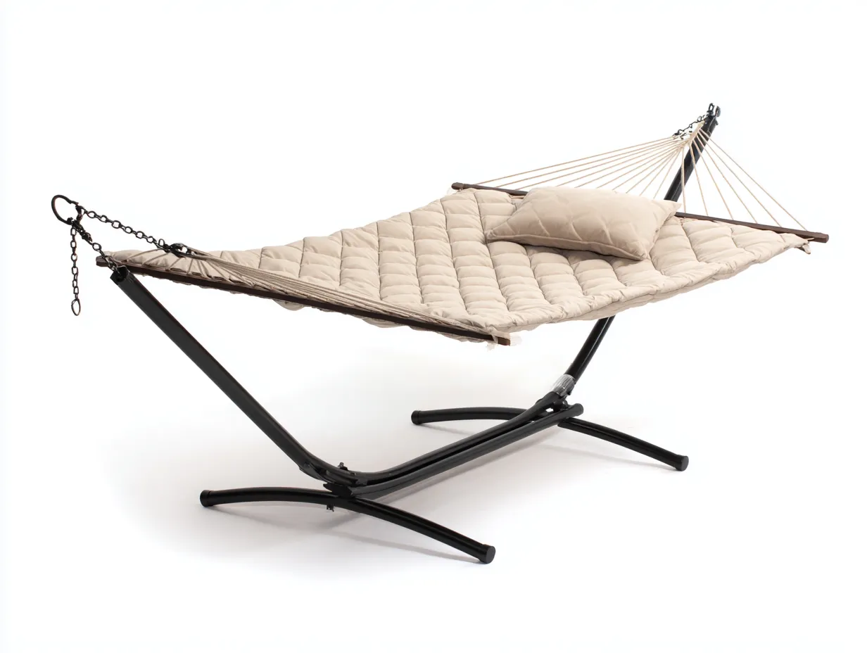 Hängematte 300×120×115 cm – Beige/Schwarz – gepolstert mit stabilem Gestell für den Außenbereich-Sotatahaus