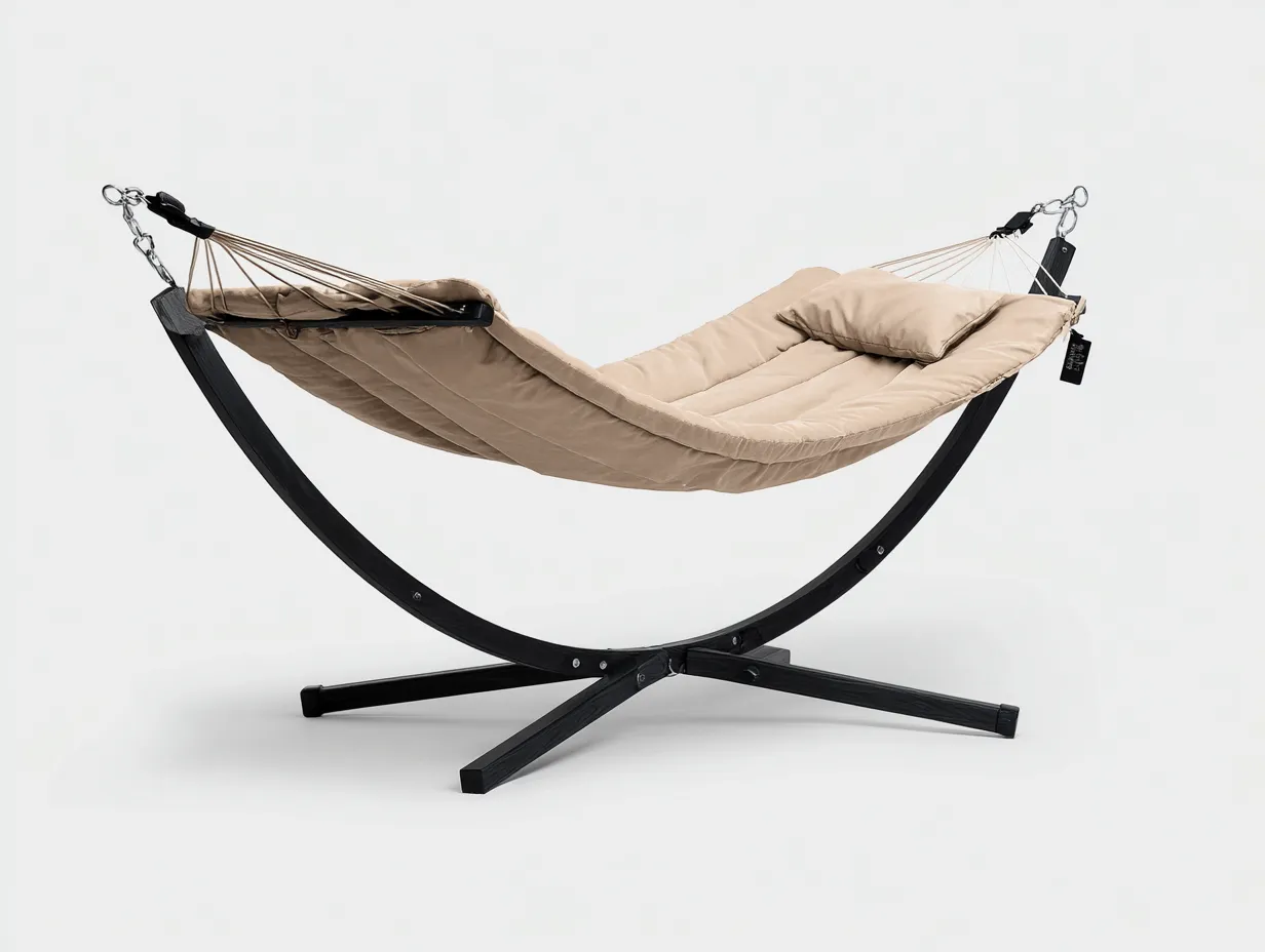 Hängematte 290×125×115 cm – Beige/Schwarz – gepolstert mit Metallgestell für den Außenbereich-Sotatahaus