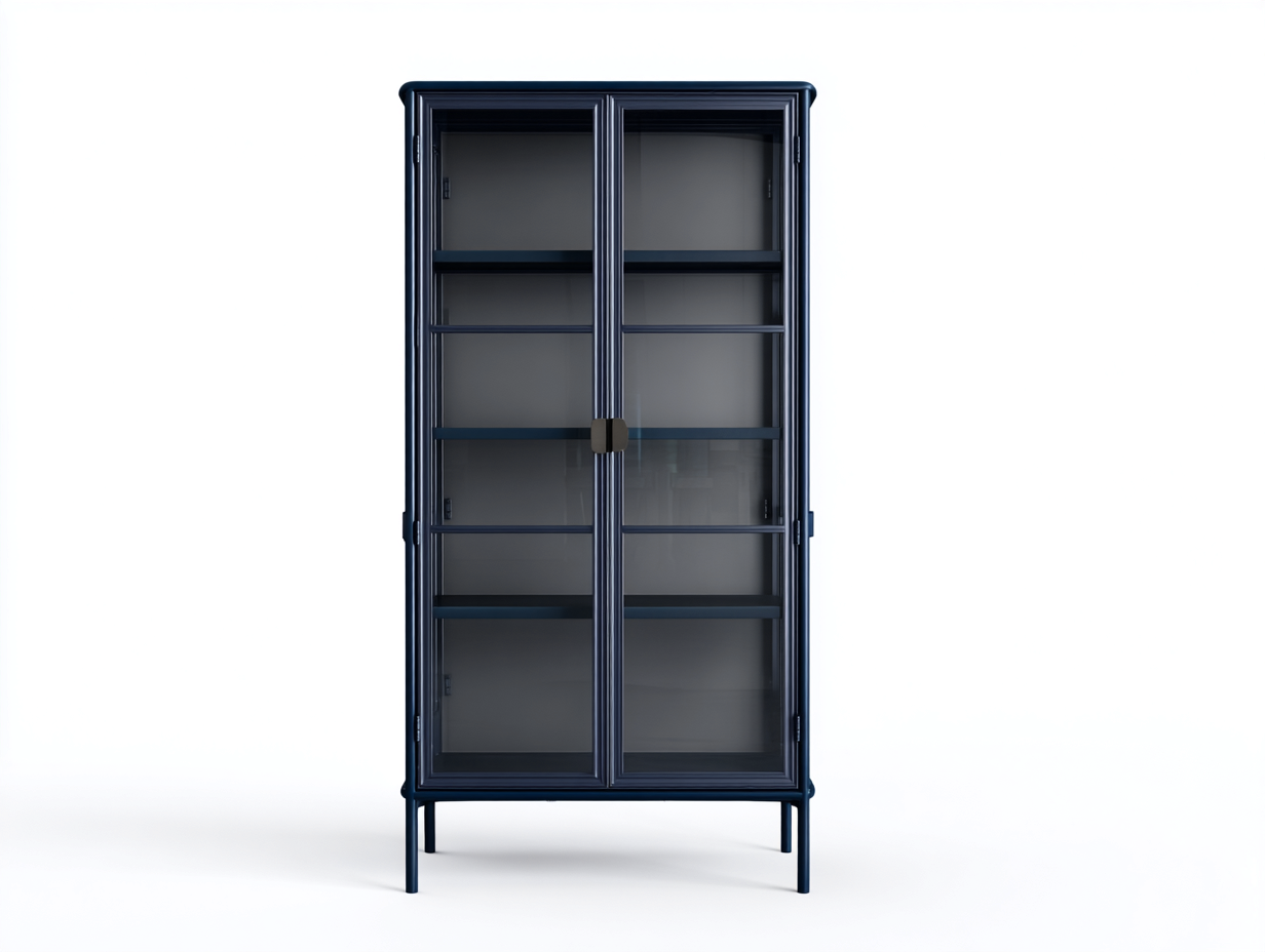Vitrine-Stahl/Glas-90×42×190 cm-Nachtblau/Transparent-zwei Türen mit vier Sichtbereichen für Wohnzimmer-Monarainterior