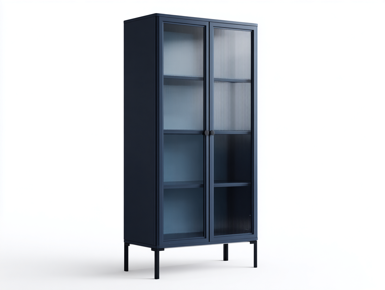 Vitrine-Metall/Riffelglas-88×40×185 cm-Dunkelblau/Transparent-vier Fächer mit Knopfgriffen für Wohnzimmer-Monarainterior