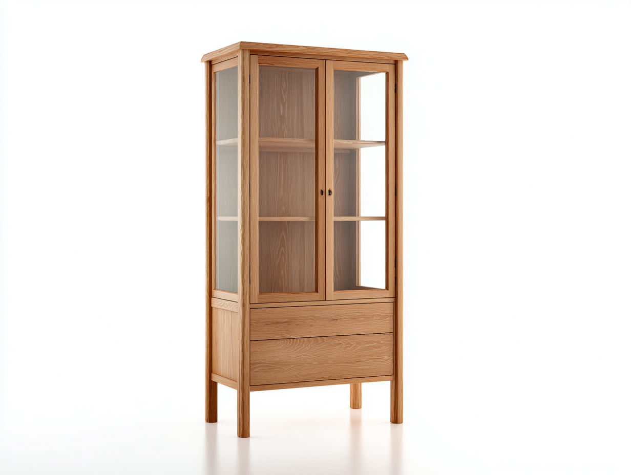 Vitrine-Holz-Glas-88×42×185 cm-Naturbraun-mit Schubladen fürs Wohnzimmer-Monarainterior