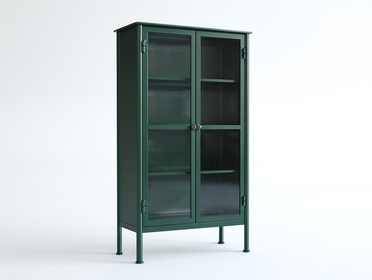 Vitrine-Metall/Strukturglas-92×43×182 cm-Tannengrün/Transparent-zweiflügeliger Hochschrank mit Zentralverschluss für Wohnzimmer-Monarainterior