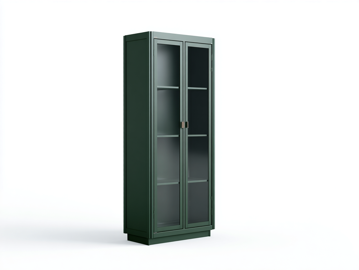 Vitrine-Metall-Glas-72×36×184 cm-Dunkelgrün-schlanke Sockelkonstruktion fürs Wohnzimmer-Monarainterior