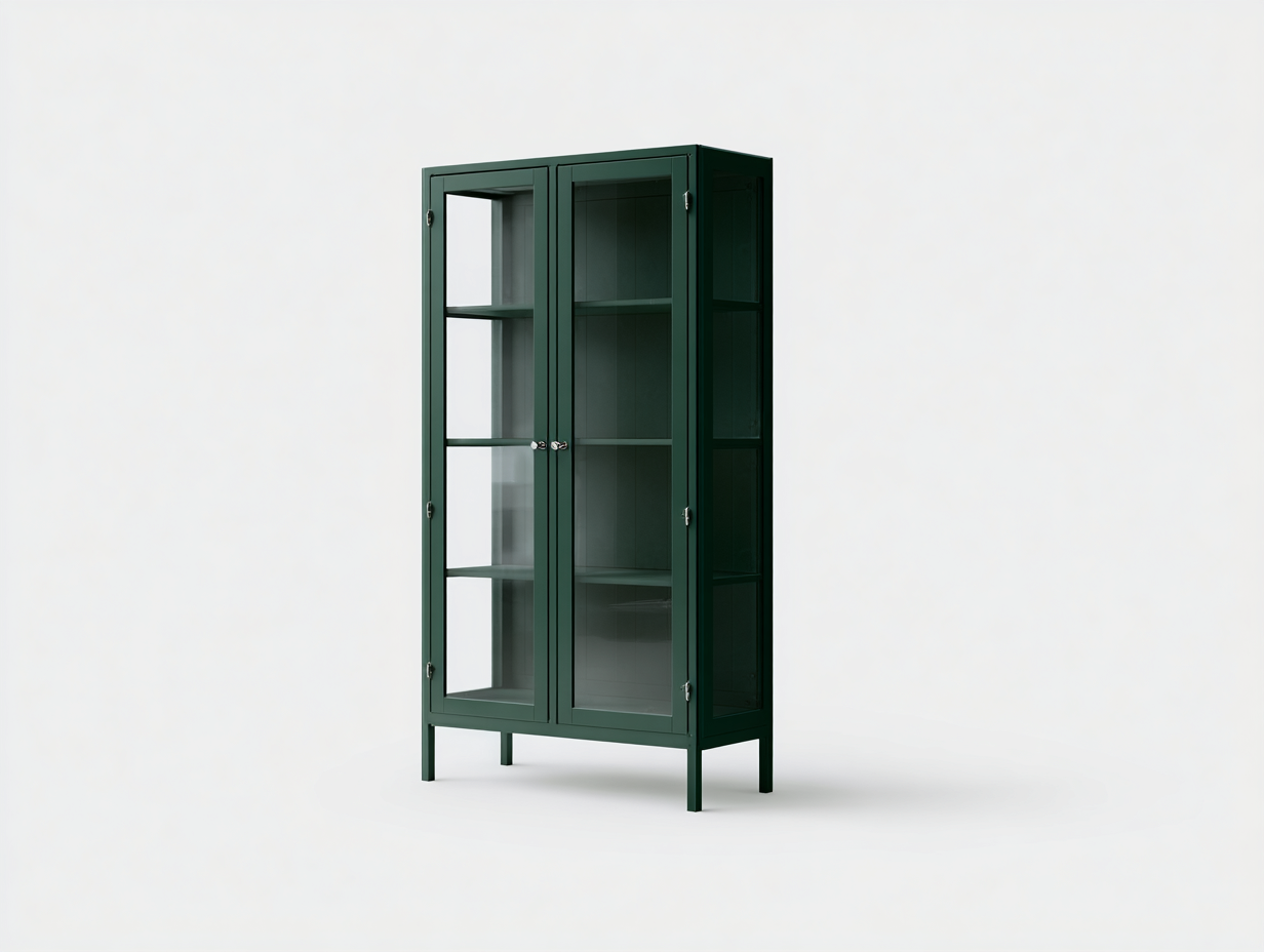 Vitrine-Metall-Glas-80×40×178 cm-Dunkelgrün-mit seitlicher Verglasung fürs Wohnzimmer-Monarainterior