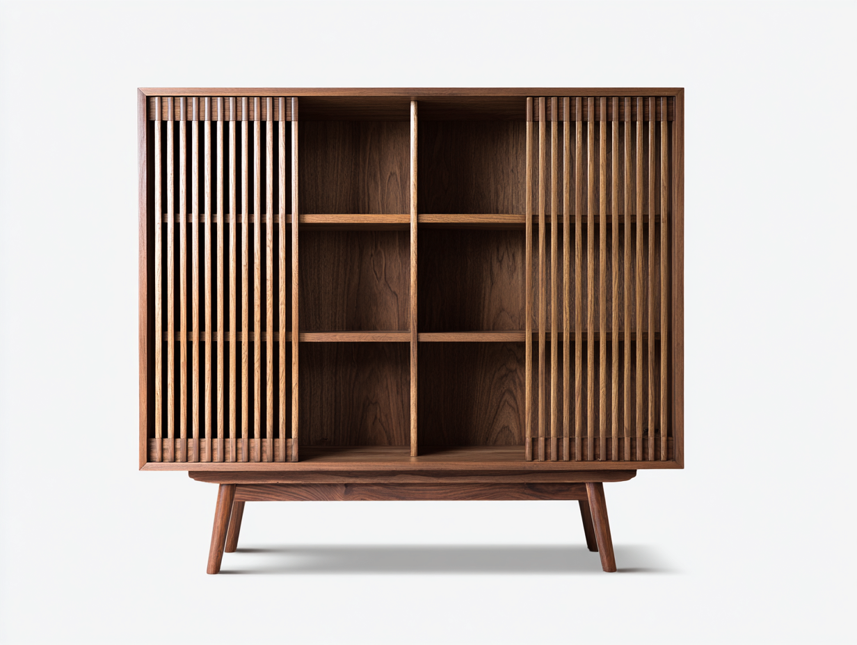 Bücherregal-Holz-124×40×128 cm-Walnussbraun-Lamellenfronten im Mid-Century-Stil fürs Wohnzimmer-Monarainterior