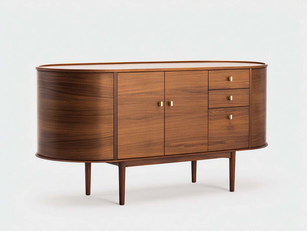 Lowboard-Holz-190×48×90 cm-Dunkelbraun/Gold-gerundetes Mid-Century-Design fürs Wohnzimmer-Monarainterior